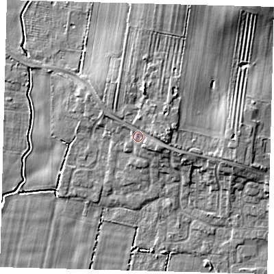 Shaded relief map of the ground around HU129LS, computed from Environment Agency LiDAR. The ground here sits at about 5 m above sea level and falls 8 m across the surrounding 800 m. Surface water reaching this point runs off ground lying to the east, 2.6 m higher.