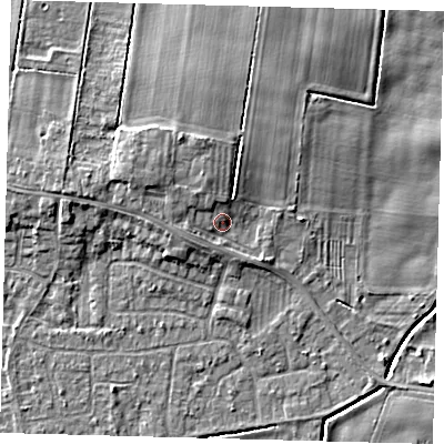 Shaded relief map of the ground around HU129LU, computed from Environment Agency LiDAR. The ground here sits at about 4 m above sea level and falls 6 m across the surrounding 800 m. Surface water reaching this point runs off ground lying to the north-north-west, 3.2 m higher.