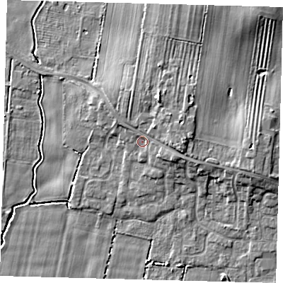 Shaded relief map of the ground around HU129LX, computed from Environment Agency LiDAR. The ground here sits at about 4 m above sea level and falls 8 m across the surrounding 800 m. Surface water reaching this point runs off ground lying to the east, 2.7 m higher.