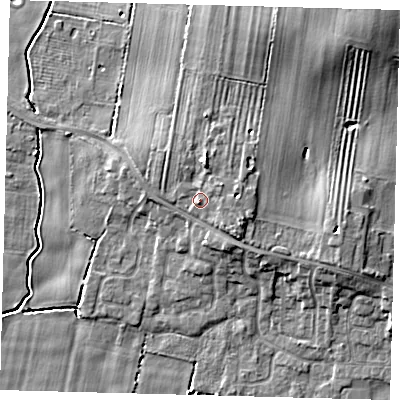 Shaded relief map of the ground around HU129LY, computed from Environment Agency LiDAR. The ground here sits at about 6 m above sea level and falls 8 m across the surrounding 800 m. Surface water reaching this point runs off ground lying to the east-north-east, 1.9 m higher.