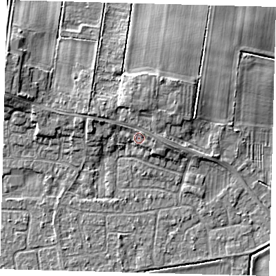 Shaded relief map of the ground around HU129NE, computed from Environment Agency LiDAR. The ground here sits at about 5 m above sea level and falls 7 m across the surrounding 800 m. Surface water reaching this point runs off ground lying to the north-north-west, 2.6 m higher.