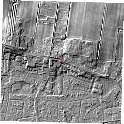 Shaded relief map of the ground around HU129NF, computed from Environment Agency LiDAR. The ground here sits at about 5 m above sea level and falls 6 m across the surrounding 800 m. Surface water reaching this point runs off ground lying to the north-east, 1.6 m higher.