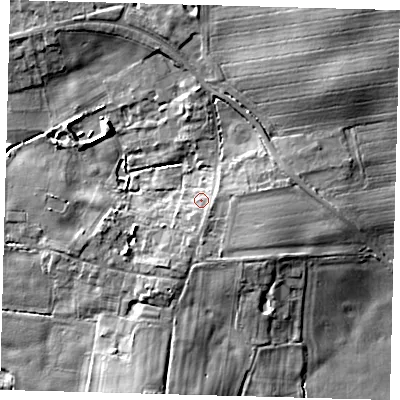 Shaded relief map of the ground around HU129NH, computed from Environment Agency LiDAR. The ground here sits at about 5 m above sea level and falls 7 m across the surrounding 800 m. Surface water reaching this point runs off ground lying to the south, 2.3 m higher.