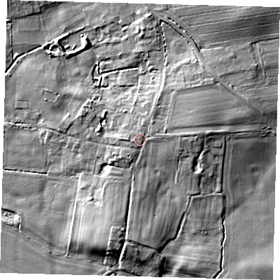 Shaded relief map of the ground around HU129NJ, computed from Environment Agency LiDAR. The ground here sits at about 6 m above sea level and falls 7 m across the surrounding 800 m. Surface water reaching this point runs off ground lying to the east-north-east, 2.8 m higher.