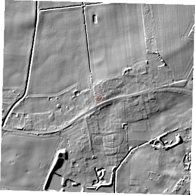 Shaded relief map of the ground around HU129NQ, computed from Environment Agency LiDAR. The ground here sits at about 5 m above sea level and falls 9 m across the surrounding 800 m. Surface water reaching this point runs off ground lying to the east-north-east, 5.0 m higher.