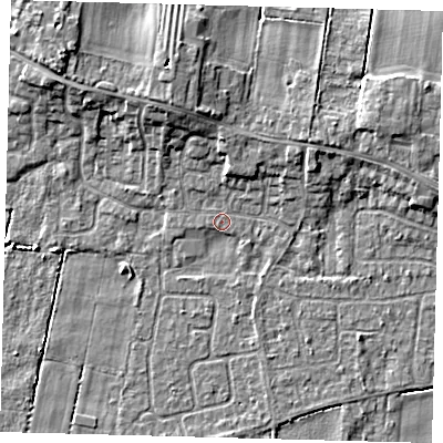Shaded relief map of the ground around HU129NS, computed from Environment Agency LiDAR. The ground here sits at about 3 m above sea level and falls 6 m across the surrounding 800 m. Surface water reaching this point runs off ground lying to the north-north-west, 3.5 m higher.