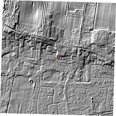 Shaded relief map of the ground around HU129NT, computed from Environment Agency LiDAR. The ground here sits at about 3 m above sea level and falls 7 m across the surrounding 800 m. Surface water reaching this point runs off ground lying to the north, 2.4 m higher.