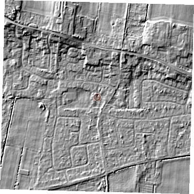 Shaded relief map of the ground around HU129PA, computed from Environment Agency LiDAR. The ground here sits at about 2 m above sea level and falls 6 m across the surrounding 800 m. Surface water reaching this point runs off ground lying to the north-north-west, 3.9 m higher.