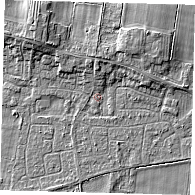 Shaded relief map of the ground around HU129PD, computed from Environment Agency LiDAR. The ground here sits at about 3 m above sea level and falls 6 m across the surrounding 800 m. Surface water reaching this point runs off ground lying to the north, 2.5 m higher.