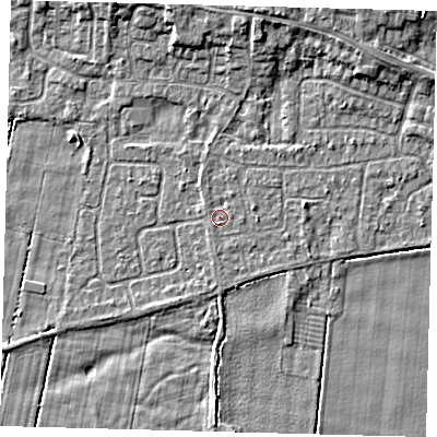 Shaded relief map of the ground around HU129PE, computed from Environment Agency LiDAR. The ground here sits at about 3 m above sea level and falls 5 m across the surrounding 800 m. Surface water reaching this point runs off ground lying to the east, 1.0 m higher.