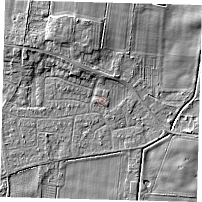 Shaded relief map of the ground around HU129PF, computed from Environment Agency LiDAR. The ground here sits at about 3 m above sea level and falls 6 m across the surrounding 800 m. The ground contributing surface water to this point lies to the south-south-east.