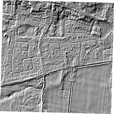 Shaded relief map of the ground around HU129PG, computed from Environment Agency LiDAR. The ground here sits at about 3 m above sea level and falls 5 m across the surrounding 800 m. Surface water reaching this point runs off ground lying to the east-north-east, 0.9 m higher.