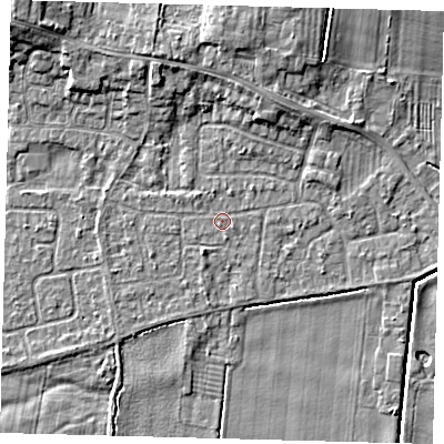 Shaded relief map of the ground around HU129PJ, computed from Environment Agency LiDAR. The ground here sits at about 3 m above sea level and falls 7 m across the surrounding 800 m. Surface water reaching this point runs off ground lying to the north-north-west, 3.8 m higher.