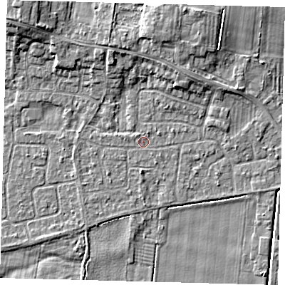 Shaded relief map of the ground around HU129PL, computed from Environment Agency LiDAR. The ground here sits at about 3 m above sea level and falls 7 m across the surrounding 800 m. Surface water reaching this point runs off ground lying to the north-north-west, 3.8 m higher.
