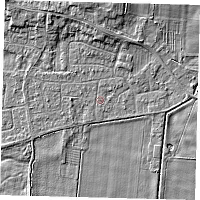 Shaded relief map of the ground around HU129PN, computed from Environment Agency LiDAR. The ground here sits at about 3 m above sea level and falls 6 m across the surrounding 800 m. Surface water reaching this point runs off ground lying to the north-north-west, 3.8 m higher.