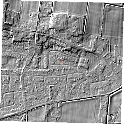 Shaded relief map of the ground around HU129PP, computed from Environment Agency LiDAR. The ground here sits at about 3 m above sea level and falls 7 m across the surrounding 800 m. Surface water reaching this point runs off ground lying to the north, 4.1 m higher.