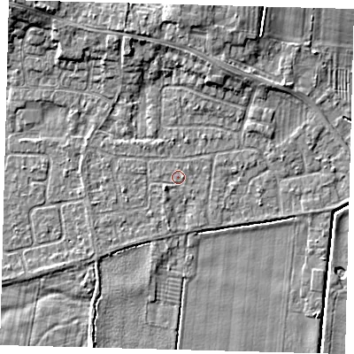 Shaded relief map of the ground around HU129PQ, computed from Environment Agency LiDAR. The ground here sits at about 3 m above sea level and falls 7 m across the surrounding 800 m. The ground contributing surface water to this point lies to the east.