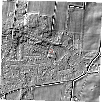 Shaded relief map of the ground around HU129PR, computed from Environment Agency LiDAR. The ground here sits at about 3 m above sea level and falls 6 m across the surrounding 800 m. Surface water reaching this point runs off ground lying to the north-west, 2.6 m higher.