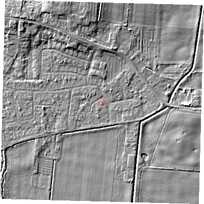 Shaded relief map of the ground around HU129PS, computed from Environment Agency LiDAR. The ground here sits at about 3 m above sea level and falls 6 m across the surrounding 800 m. Surface water reaching this point runs off ground lying to the north-north-west, 4.3 m higher.