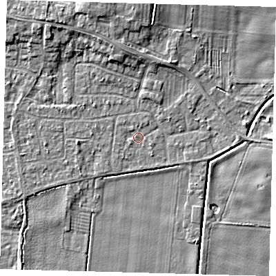 Shaded relief map of the ground around HU129PT, computed from Environment Agency LiDAR. The ground here sits at about 2 m above sea level and falls 6 m across the surrounding 800 m. Surface water reaching this point runs off ground lying to the north-west, 0.6 m higher.