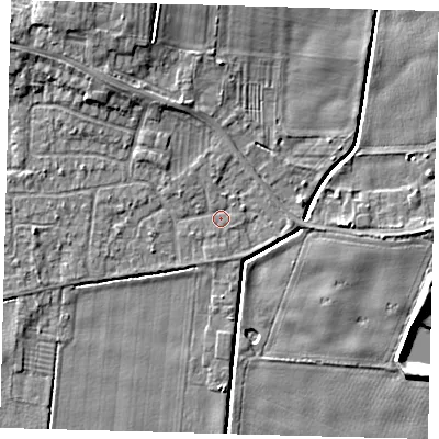 Shaded relief map of the ground around HU129PU, computed from Environment Agency LiDAR. The ground here sits at about 2 m above sea level and falls 7 m across the surrounding 800 m. Surface water reaching this point runs off ground lying to the north-north-west, 2.3 m higher.