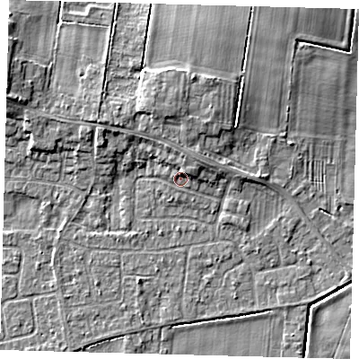 Shaded relief map of the ground around HU129PW, computed from Environment Agency LiDAR. The ground here sits at about 4 m above sea level and falls 7 m across the surrounding 800 m. Surface water reaching this point runs off ground lying to the north-east, 2.3 m higher.