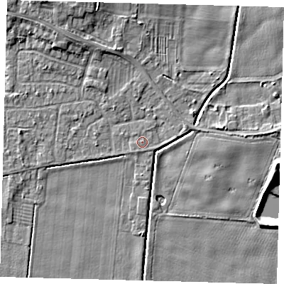Shaded relief map of the ground around HU129PY, computed from Environment Agency LiDAR. The ground here sits at about 3 m above sea level and falls 7 m across the surrounding 800 m. Surface water reaching this point runs off ground lying to the east, 0.7 m higher.