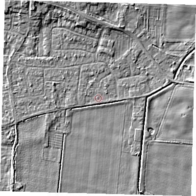 Shaded relief map of the ground around HU129PZ, computed from Environment Agency LiDAR. The ground here sits at about 2 m above sea level and falls 6 m across the surrounding 800 m. Surface water reaching this point runs off ground lying to the north-north-west, 3.5 m higher.