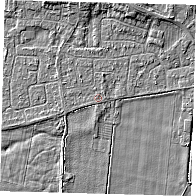 Shaded relief map of the ground around HU129QA, computed from Environment Agency LiDAR. The ground here sits at about 3 m above sea level and falls 5 m across the surrounding 800 m. The ground contributing surface water to this point lies to the west-south-west.