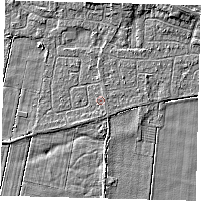 Shaded relief map of the ground around HU129QB, computed from Environment Agency LiDAR. The ground here sits at about 2 m above sea level and falls 4 m across the surrounding 800 m. Surface water reaching this point runs off ground lying to the east-north-east, 0.7 m higher.