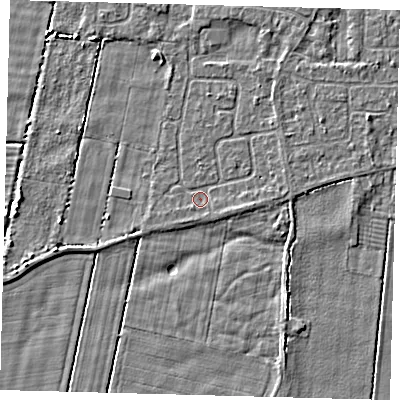 Shaded relief map of the ground around HU129QE, computed from Environment Agency LiDAR. The ground here sits at about 2 m above sea level and falls 3 m across the surrounding 800 m. Surface water reaching this point runs off ground lying to the south-east, 0.7 m higher.