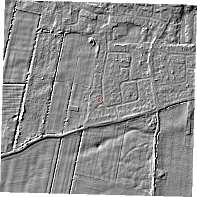 Shaded relief map of the ground around HU129QG, computed from Environment Agency LiDAR. The ground here sits at about 2 m above sea level and falls 3 m across the surrounding 800 m. Surface water reaching this point runs off ground lying to the south-south-east, 0.6 m higher.