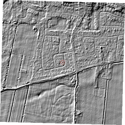 Shaded relief map of the ground around HU129QH, computed from Environment Agency LiDAR. The ground here sits at about 2 m above sea level and falls 4 m across the surrounding 800 m. Surface water reaching this point runs off ground lying to the south-south-east, 1.2 m higher.