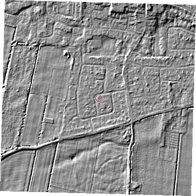 Shaded relief map of the ground around HU129QJ, computed from Environment Agency LiDAR. The ground here sits at about 2 m above sea level and falls 5 m across the surrounding 800 m. Surface water reaching this point runs off ground lying to the south-south-east, 1.3 m higher.