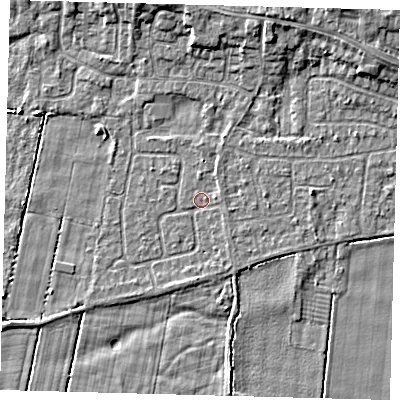 Shaded relief map of the ground around HU129QN, computed from Environment Agency LiDAR. The ground here sits at about 2 m above sea level and falls 5 m across the surrounding 800 m. Surface water reaching this point runs off ground lying to the north-north-east, 0.8 m higher.