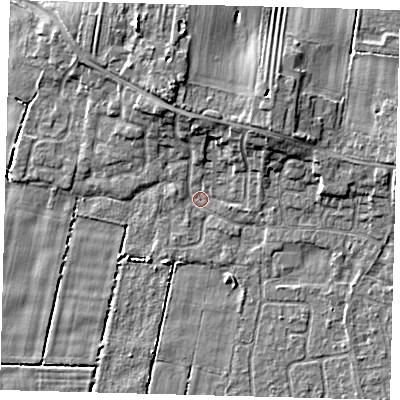 Shaded relief map of the ground around HU129QP, computed from Environment Agency LiDAR. The ground here sits at about 2 m above sea level and falls 8 m across the surrounding 800 m. Surface water reaching this point runs off ground lying to the north-north-west, 5.6 m higher.