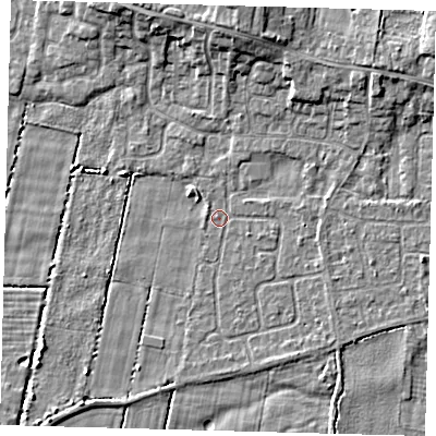 Shaded relief map of the ground around HU129QQ, computed from Environment Agency LiDAR. The ground here sits at about 2 m above sea level and falls 6 m across the surrounding 800 m. Surface water reaching this point runs off ground lying to the north, 5.5 m higher.