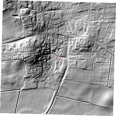 Shaded relief map of the ground around HU129RJ, computed from Environment Agency LiDAR. The ground here sits at about 4 m above sea level and falls 18 m across the surrounding 800 m. Surface water reaching this point runs off ground lying to the north-west, 14.7 m higher.