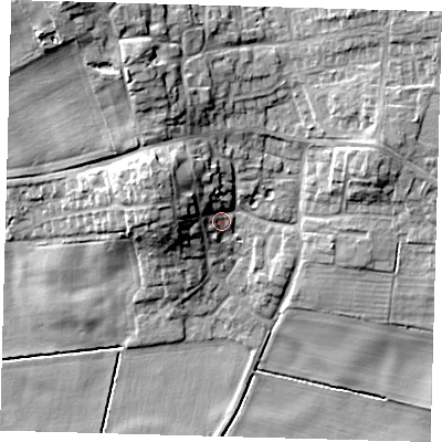 Shaded relief map of the ground around HU129RL, computed from Environment Agency LiDAR. The ground here sits at about 5 m above sea level and falls 18 m across the surrounding 800 m. Surface water reaching this point runs off ground lying to the north-west, 15.4 m higher.