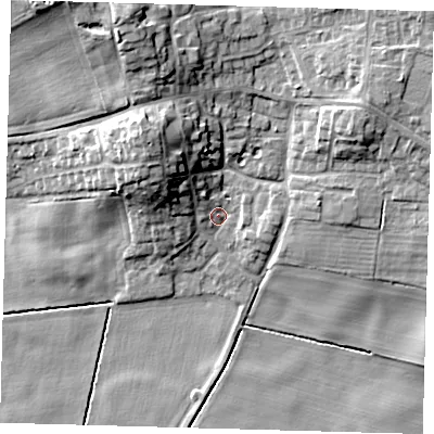 Shaded relief map of the ground around HU129RP, computed from Environment Agency LiDAR. The ground here sits at about 4 m above sea level and falls 16 m across the surrounding 800 m. Surface water reaching this point runs off ground lying to the north-north-west, 12.1 m higher.
