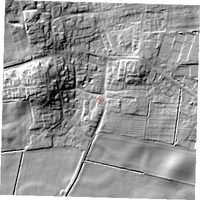 Shaded relief map of the ground around HU129RT, computed from Environment Agency LiDAR. The ground here sits at about 5 m above sea level and falls 16 m across the surrounding 800 m. Surface water reaching this point runs off ground lying to the north-west, 12.8 m higher.