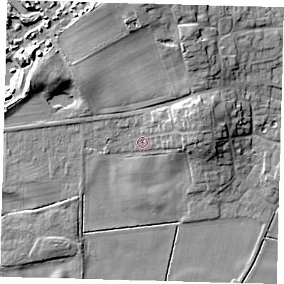 Shaded relief map of the ground around HU129SQ, computed from Environment Agency LiDAR. The ground here sits at about 5 m above sea level and falls 19 m across the surrounding 800 m. Surface water reaching this point runs off ground lying to the east-north-east, 10.3 m higher.