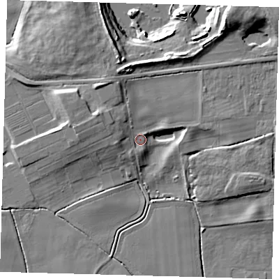 Shaded relief map of the ground around HU129SU, computed from Environment Agency LiDAR. The ground here sits at about 5 m above sea level and falls 13 m across the surrounding 800 m. Surface water reaching this point runs off ground lying to the west, 4.1 m higher.