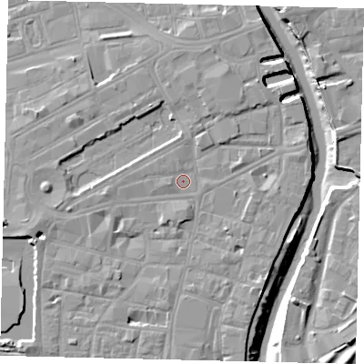 Shaded relief map of the ground around HU12AA, computed from Environment Agency LiDAR. The ground here sits at about 4 m above sea level and falls 10 m across the surrounding 800 m. Surface water reaching this point runs off ground lying to the west, 1.7 m higher.