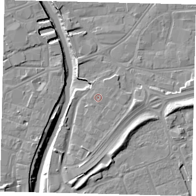 Shaded relief map of the ground around HU12AB, computed from Environment Agency LiDAR. The ground here sits at about 5 m above sea level and falls 12 m across the surrounding 800 m. The ground contributing surface water to this point lies to the south.