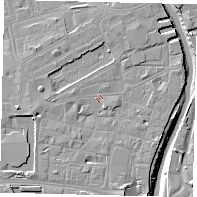 Shaded relief map of the ground around HU12AE, computed from Environment Agency LiDAR. The ground here sits at about 4 m above sea level and falls 9 m across the surrounding 800 m. Surface water reaching this point runs off ground lying to the south-south-east, 5.0 m higher.