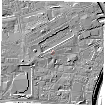Shaded relief map of the ground around HU12AG, computed from Environment Agency LiDAR. The ground here sits at about 5 m above sea level and falls 9 m across the surrounding 800 m. Surface water reaching this point runs off ground lying to the west, 1.0 m higher.