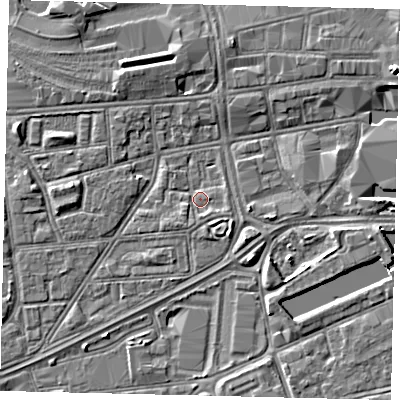 Shaded relief map of the ground around HU12AJ, computed from Environment Agency LiDAR. The ground here sits at about 3 m above sea level and falls 5 m across the surrounding 800 m. Surface water reaching this point runs off ground lying to the east-south-east, 3.2 m higher.