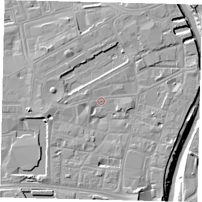 Shaded relief map of the ground around HU12AN, computed from Environment Agency LiDAR. The ground here sits at about 4 m above sea level and falls 9 m across the surrounding 800 m. Surface water reaching this point runs off ground lying to the south-south-east, 5.0 m higher.