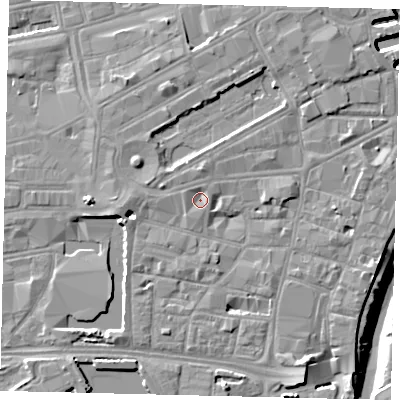 Shaded relief map of the ground around HU12AP, computed from Environment Agency LiDAR. The ground here sits at about 4 m above sea level and falls 9 m across the surrounding 800 m. Surface water reaching this point runs off ground lying to the west-north-west, 1.3 m higher.